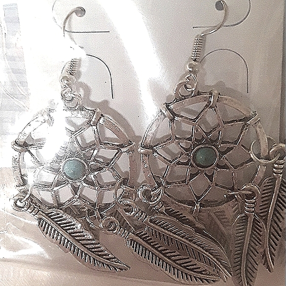 Southwest Silver Turquoise Blue Dream Catcher Earrings Feather Tassel Dangle NEW - Picture 9 of 12